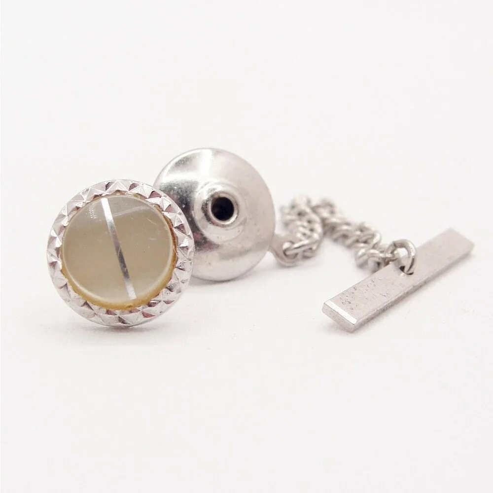 Vintage Silver Tone Faux Cat Eye Moonglow Lucite Tie Tack Pin With Bar Chain